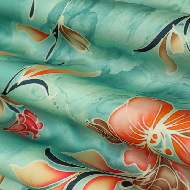 Turquoise Blue Floral Print Georgette Satin Fabric