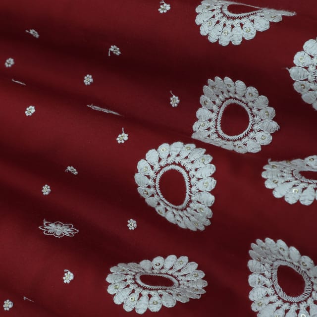 Burgundy Red with White Embroidery Cotton Fabric