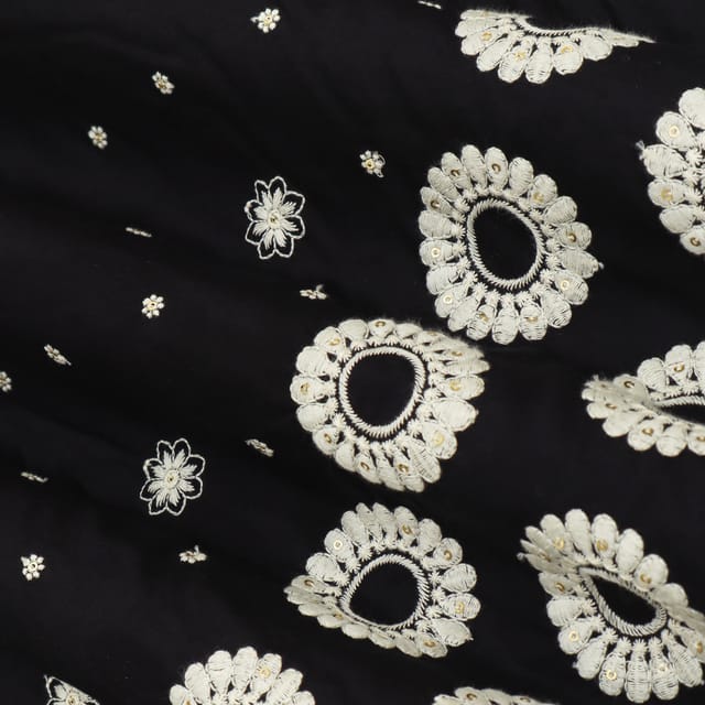Charcoal Black with White Embroidery Cotton Fabric