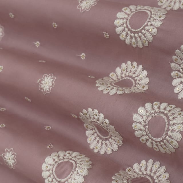 Mauve Purple with White Embroidery Cotton Fabric