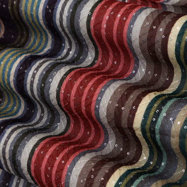 Dark Multitone Stripe Print Georgette Sequins Embroidery Fabric