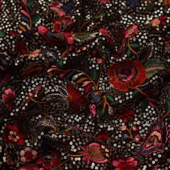 Maroon Red Georgette Sequins Embroidery Fabric