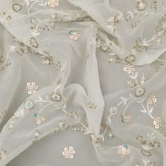 Pure White Georgette Sequins Embroidery Fabric
