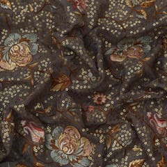 Steel Grey Georgette Sequins Embroidery Fabric
