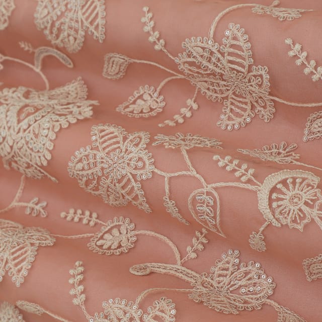 Peach with Threadwork Embroidery Organza Fabric