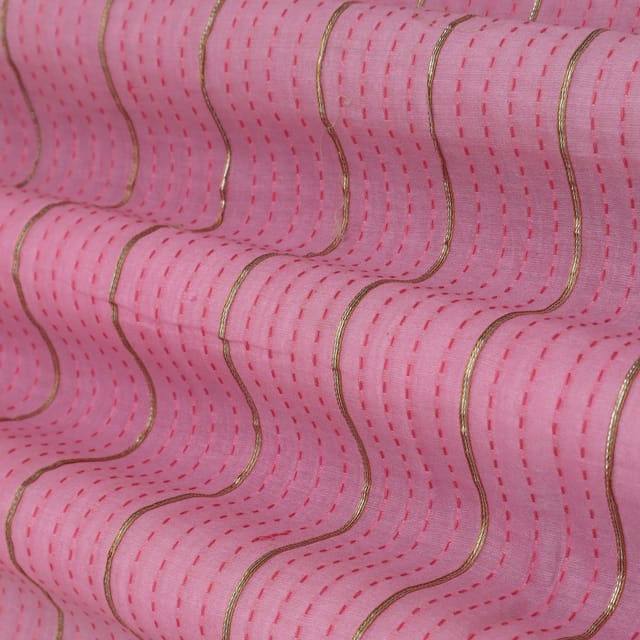 Flamingo Pink Gota Embroidery Katha Cotton Fabric