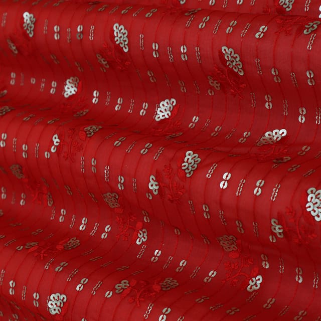 Cherry Red Jaal Embroidery Chinon Chiffon Fabric