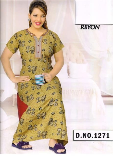 Rs 362/Piece- Sifti Sales Reyon cotton Round Neck Printed Full Flare NightGown for Women free size Set Of 4