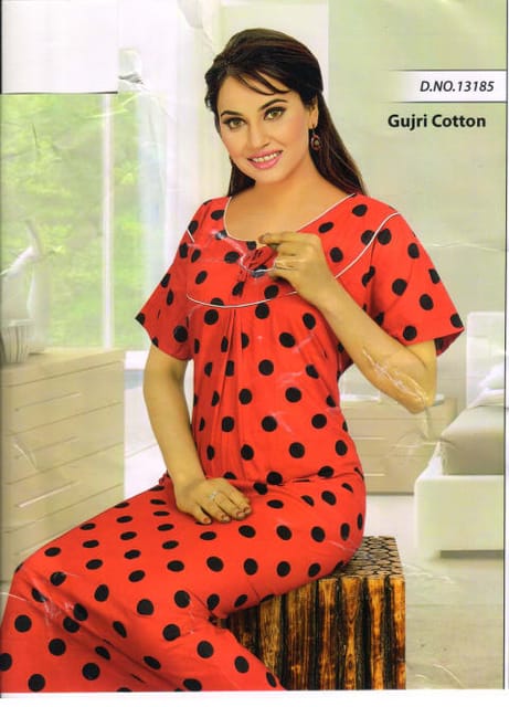 Rs 252/Piece- Sifti Sales Gujri cotton Round Neck Printed Full Flare NightGown for Women free size Set Of 5
