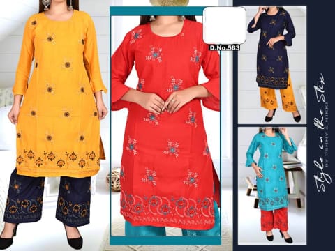 Rs 415/Piece - SITK-99 Rayon Embroidered Work Straight Kurta Set for Women Set Of 4, DN583