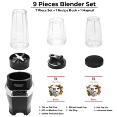 Balzano High Speed Nutri Blender/Mixer/Smoothie Maker - 1200 Watts - 9 Pcs Set, Black