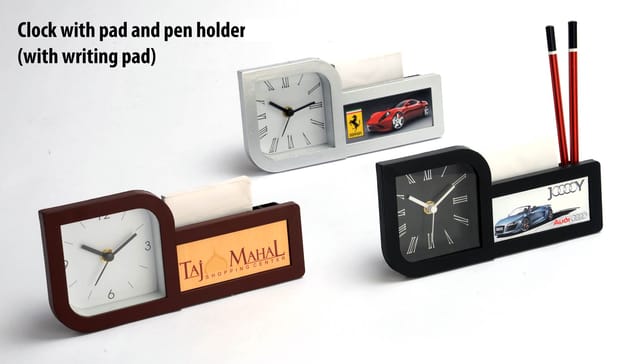 Clock With Pad And Pen Holder (With Writing Pad)