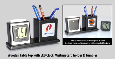 Wooden Table Top With Detachable LED Clock, Visiting Card Holder And Tumbler