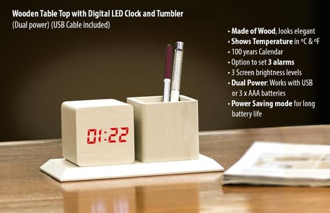 Wooden Tabletop With Digital LED Clock And Tumbler (Dual Power) (USB Cable Included)