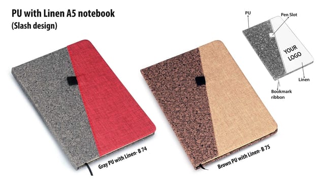 Brown PU With Linen A5 Notebook (Slash Design)