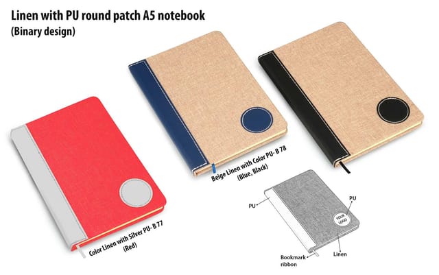 Colored Linen With PU Round Patch A5 Notebook (Binary Design)