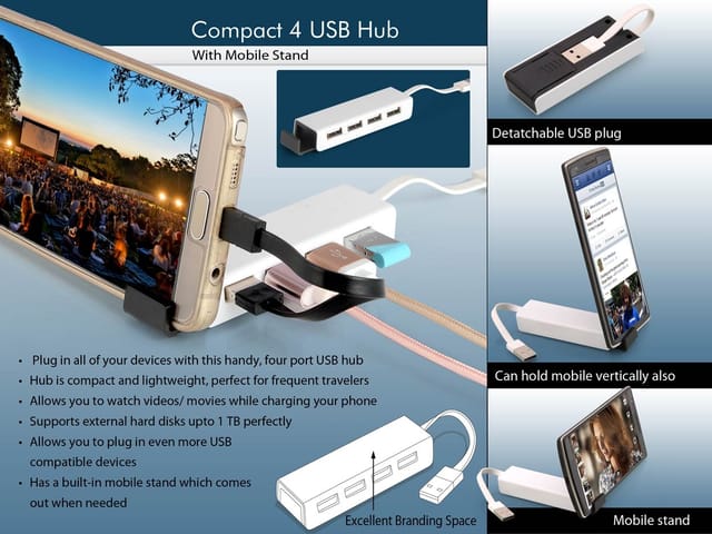 Compact 4 USB Hub With Mobile Stand