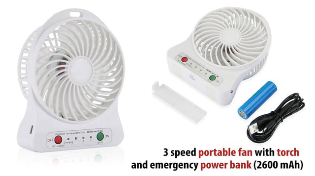 3 Speed Portable Fan With Torch And Emergency Power Bank (1200 MAh)
