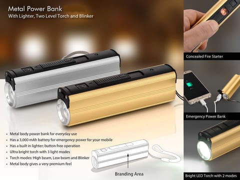 Metal Power Bank With Lighter, Two Level Torch And Blinker
