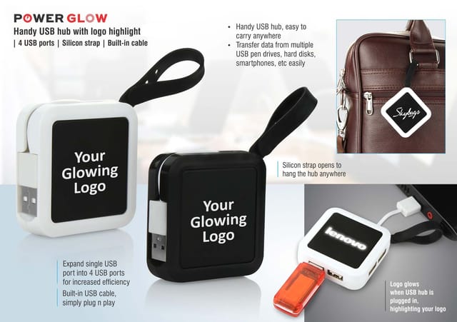 Powerglow Handy USB Hub With Logo Highlight | 4 USB Ports | Silicon Strap | Built-In Cable