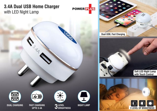 Dual USB Fast Charger With Night Lamp