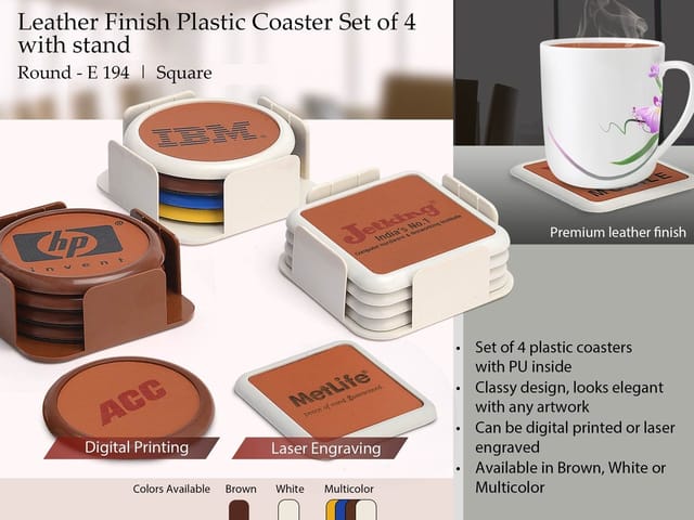 Leather Finish Plastic Coaster Set Of 4 With Stand (Square)