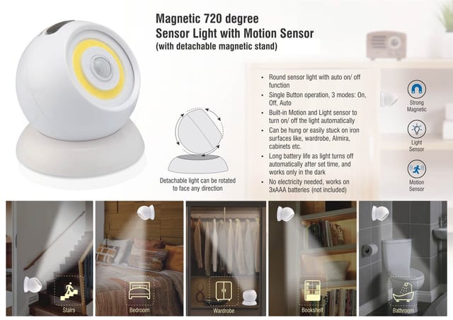 Magnetic 720 Degree Sensor Light With Motion Sensor (With Detachable Magnetic Stand)