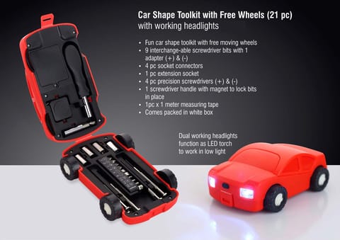 Car Shape Toolkit With Free Wheels (21 Pc) | With Working Headlights