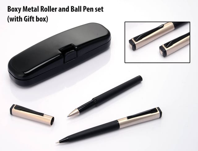 Boxy Metal Roller And Ball Pen Set (With Gift Box)