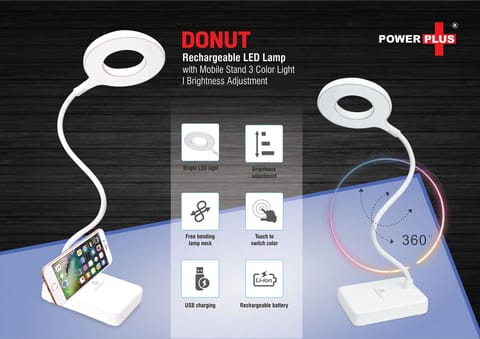 Donut Rechargeable LED Lamp With Mobile Stand | 3 Color Light | Brightness Adjustment