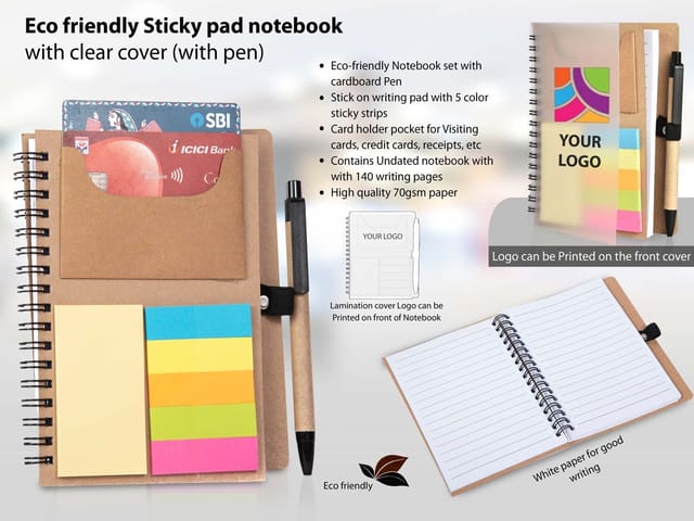 Eco Friendly Sticky Pad Notebook With Clear Cover (With Pen)