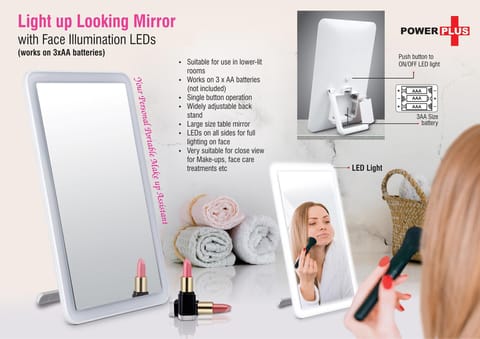 Light up Looking mirror with Face illumination LEDs (works on 3xAA batteries
