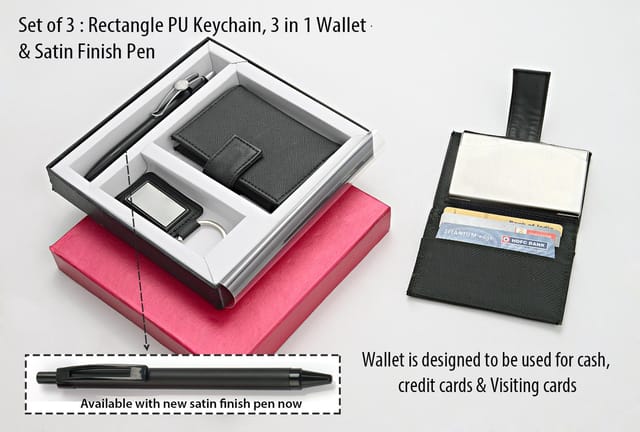 Set of 3 : Rectangle PU Keychain , 3 in 1 wallet (For cash, cards and visiting cards) & Highway Satin pen