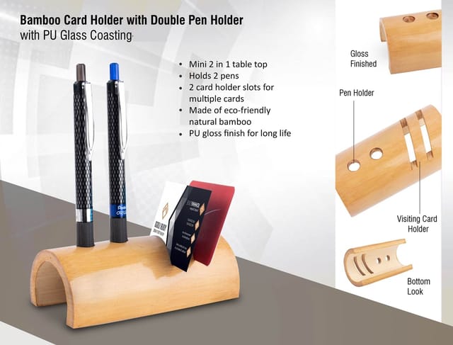 Bamboo Card Holder With Double Pen Holder (With PU Gloss Coating)