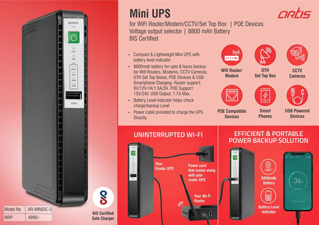 Artis Mini UPS For WiFi Router/Modem/CCTV/Set Top Box/POE Devices | Voltage Output Selector | 8800 MAh Battery | BIS Certified (AR-MINIDC-3) (MRP 4999)
