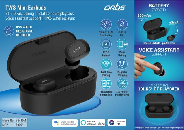 Artis TWS Mini Earbuds | BT 5.0 Fast Pairing | Total 30 Hours Playback | Voice Assistant Support | IPX5 Water Resistant (BE410M) (MRP 5999)