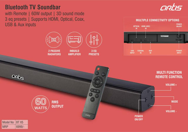 Artis Bluetooth TV Soundbar With Remote | 60W Output | 3D Sound Mode | 3 Eq Presets | Supports HDMI, Optical, Coax, USB & Aux Inputs (BTX5) (MRP 6999)