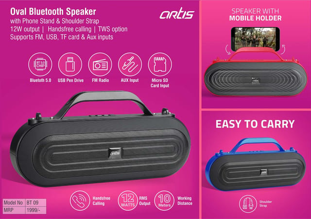 Artis Oval Bluetooth Speaker With Phone Stand & Shoulder Strap | 12W Output | Handsfree Calling | TWS Option | Supports FM, USB, TF Card & Aux Inputs (BT09) (MRP 1999)