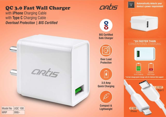 Artis QC 3.0 Fast Wall Charger With Type C Charging Cable | Overload Protection | BIS Certified | MRP 999