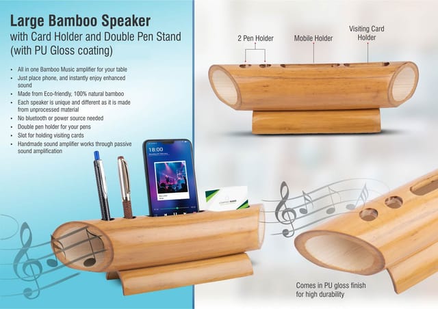 Large Bamboo Speaker With Card Holder And Double Pen Stand (With PU Gloss Coating)
