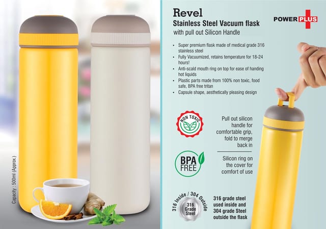 Revel Stainless Steel Vacuum Flask With Pull Out Silicon Handle (500ml Approx)