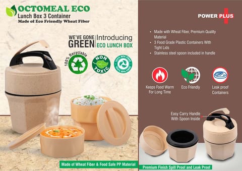 Octomeal Eco: 3 Plastic Container Lunch Box With Spoon | Made From Eco Friendly Material | 100% Recyclable