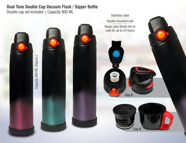 Dual Tone Double Cap Vacuum Flask / Sipper Bottle | Double Cap Set Included | Capacity 800 Ml