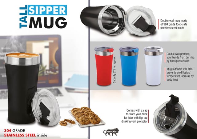 Tall Sipper Mug | 304 Grade Stainless Steel Inside | Capacity 400ml Approx