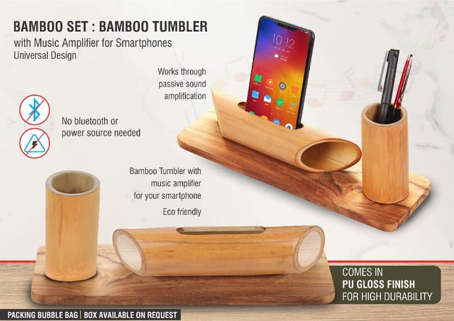 Bamboo Set: Bamboo Tumbler With Music Amplifier For Smartphones | Universal Design | With PU Gloss Finish