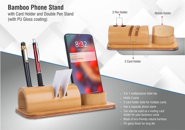 Bamboo Phone Stand With Card Holder And Double Pen Stand (With PU Gloss Coating