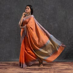 Silk Saree / Zari Embroidery / Orange Colour / Purple Border