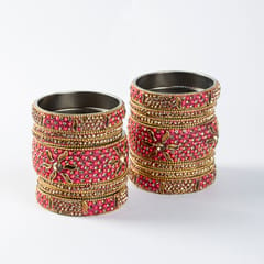 Hyderabad Lac Bangles Set | Ruby Stones & Kundans Embedded / Floral Motifs / Pink Colour