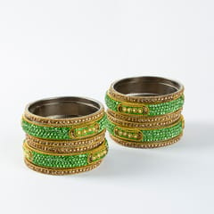 Hyderabad Lac Bangles Set | Green Stones & Pearls Embedded / Green Colour
