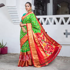 Pochampally Ikkat Silk Saree / Green Colour / Red & Gold Border HPISSTL0121